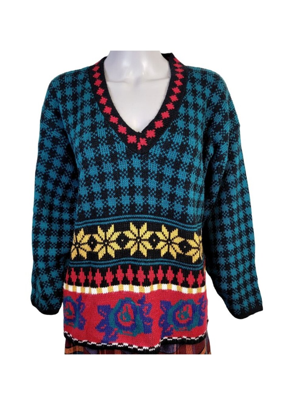 Vintage 90s Sweater Women Medium Pullover Colorful Geometric Shirt Top 10 Spring